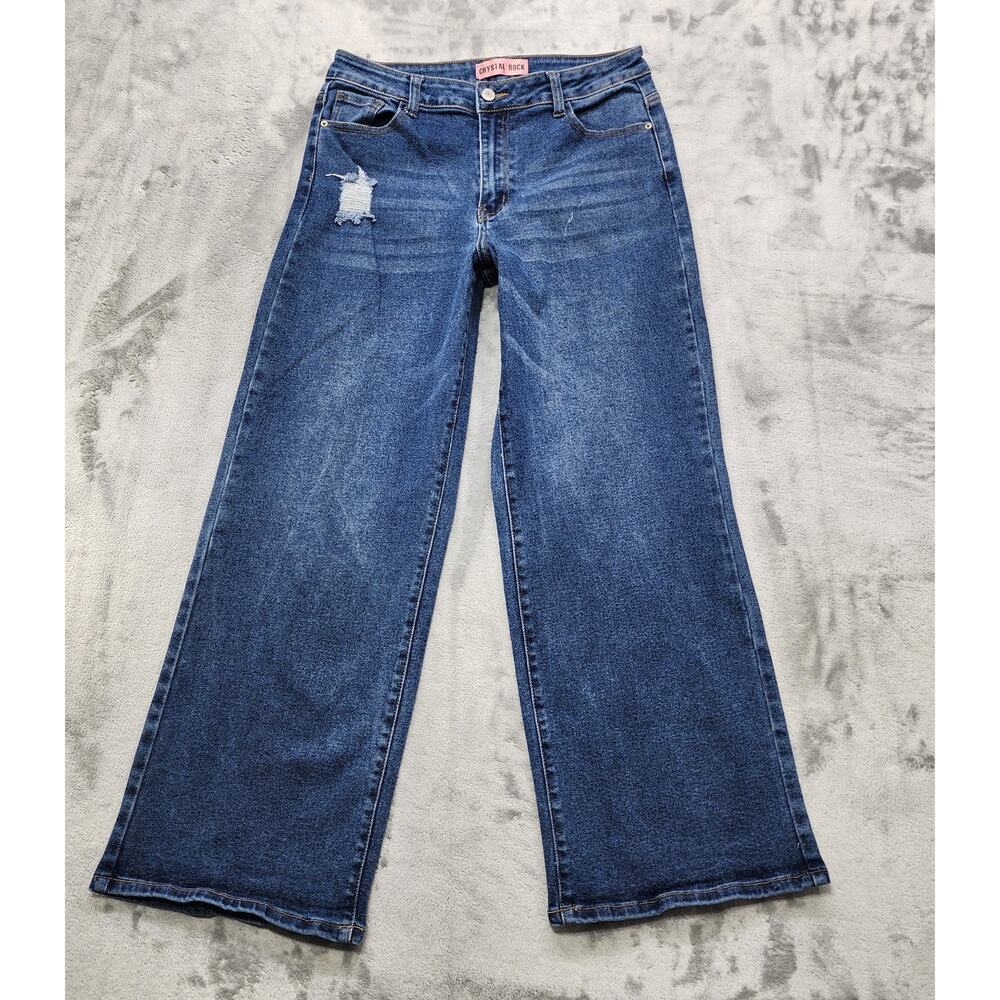 Crystal Rock Jeans Womens 7 Juniors Blue Dad Jeans High Rise Wide Leg‎ Stretch